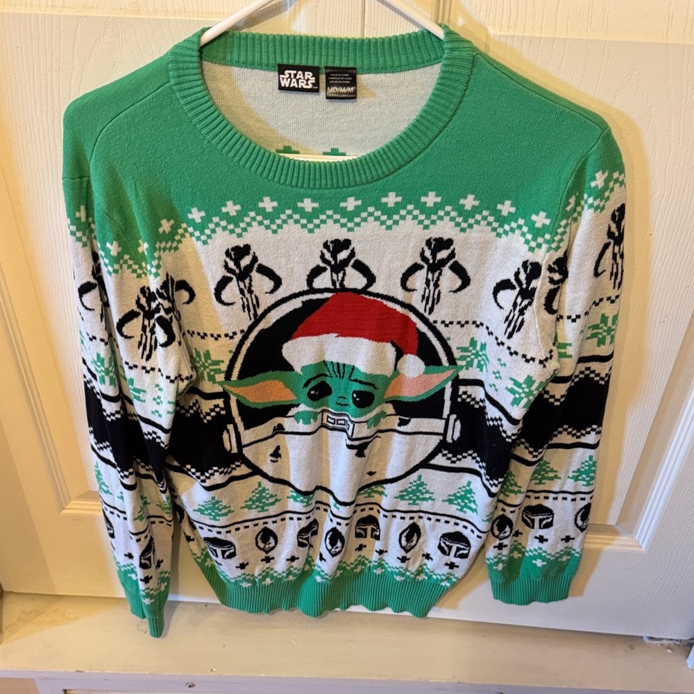 Star Wars Baby Yoda Green and White Crewneck Christmas Sweater